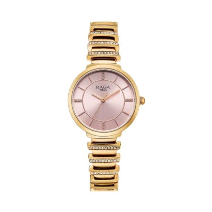 Titan Raga 95431WM01 Analog Pink Dial Rose Gold Metal Strap Women Watch